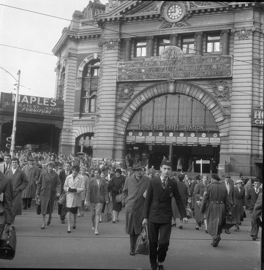 Flinders Street Station, Melbourne, Victoria, c.1957 Exterior view of Flinders Street Station, Melbourne, Victoria, c.1957